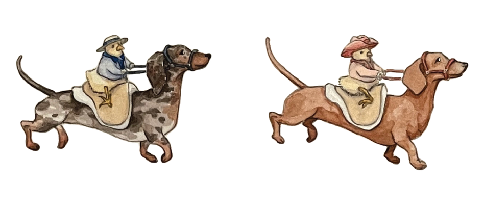 Ilustración de pollitos montando en perros