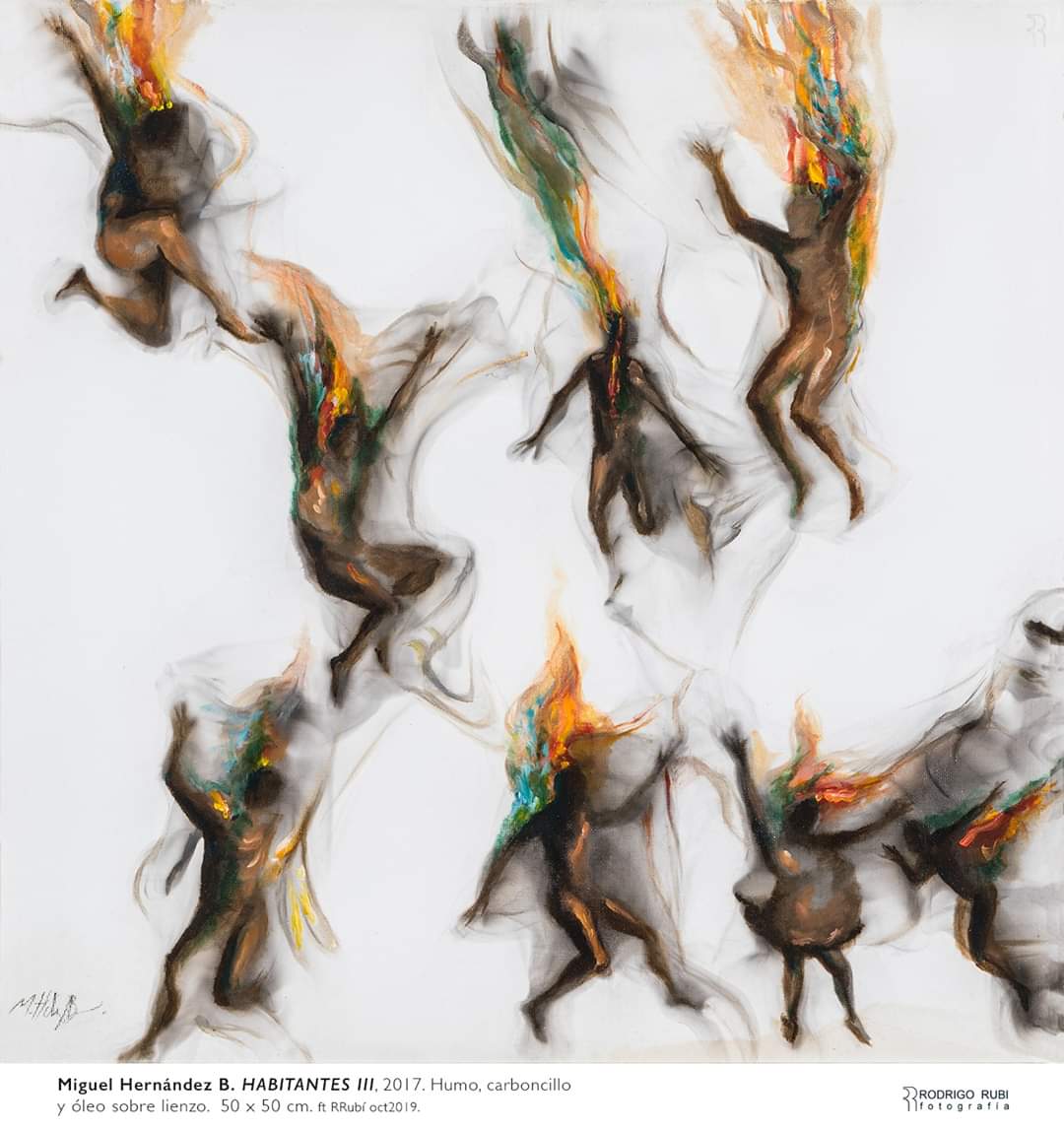 Miguel Hernández. Exiliados ecológicos. 2019. Humo y óleo sobre lienzo