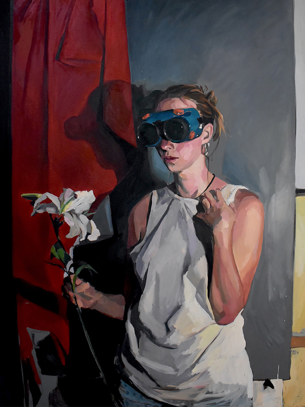 Philipp Anaskin. Retrato con flor plástica. 2019. Óleo sobre tela