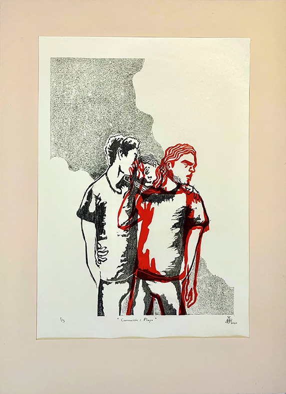 Alejandro Marín Umaña. Corrección Playo. 2020. Xilografía en madera y linóleo sobre papel editorial. 43 x 31 cm