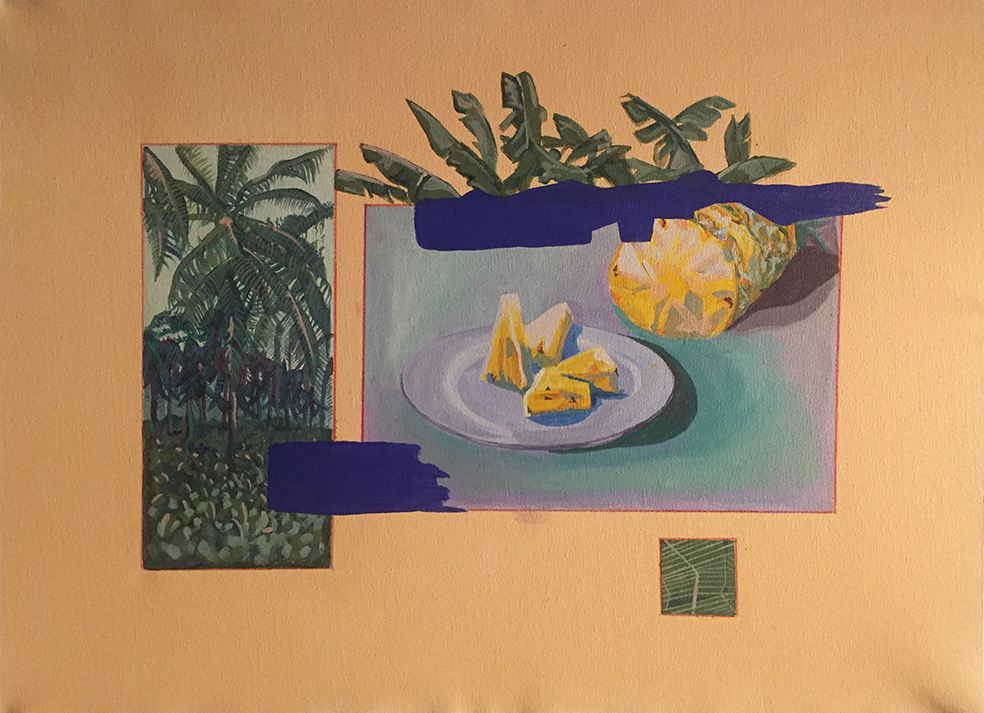 Diana Camacho Mora. Plato de Bomacil y naturaleza muerta. 2020. Acrílico sobre tela. 49 x 67 cm