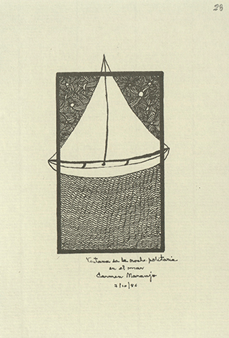 Ventana de la noche solitaria en el mar