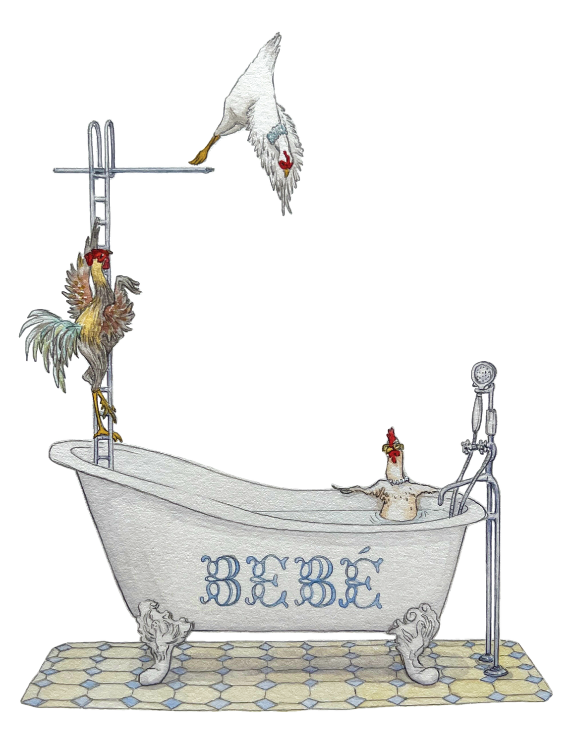 Ilustración gallinas en bañera
