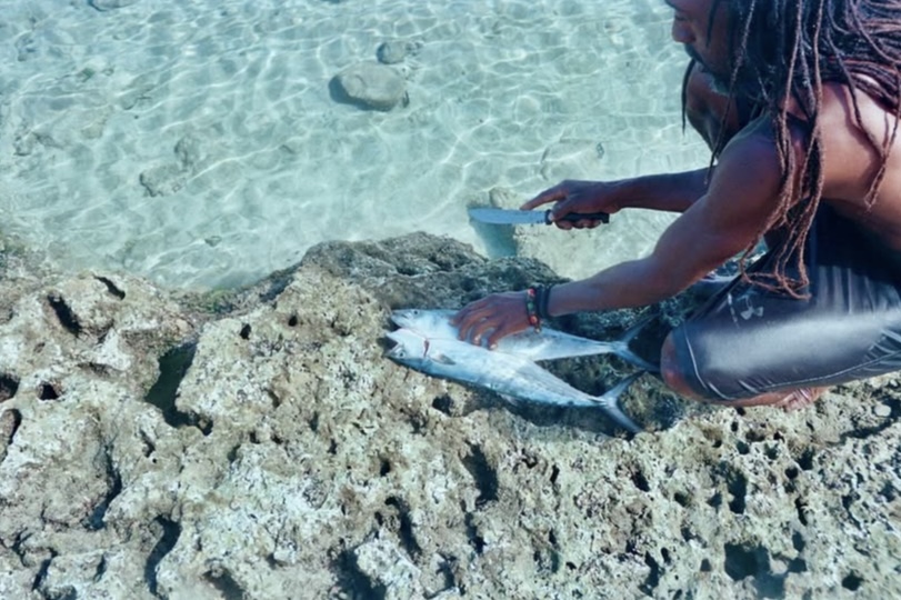 Hombre junto a pescados
